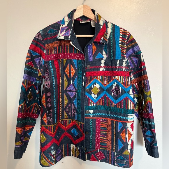 Chicos Design Vintage Embroidered Artsy Silk Patchwork Denim Jacket - Picture 3 of 11
